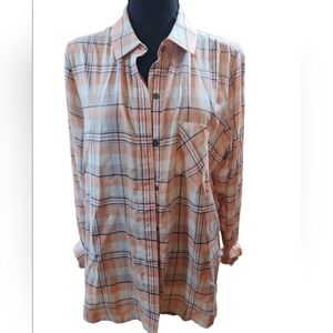 KUHL Womens Peach And Gray Plaid Long Sleeve Plaid Button Down Shirt Large